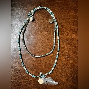 Beaded Feather Pendant Necklace with Turquoise, green and gold Beads